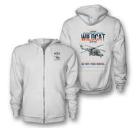 Thumbnail for Leonardo AW159 Wildcat HMA2 design on white premium zipped hoodie, double-side print