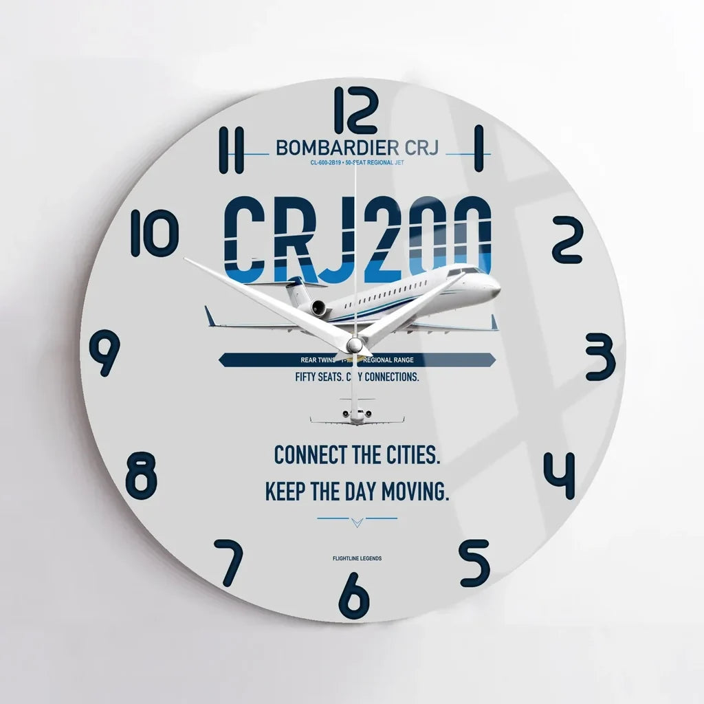 Bombardier CRJ200 design on light gray no frame wall clock