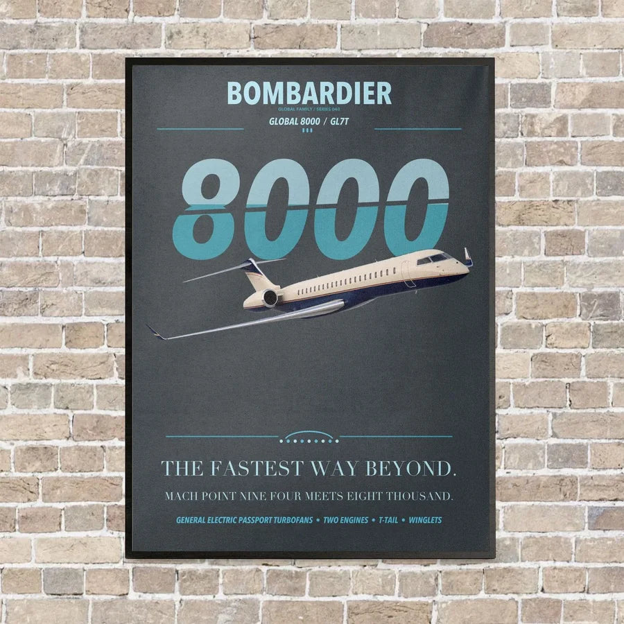 Bombardier Global 8000 vertical canvas print - framed - gray background