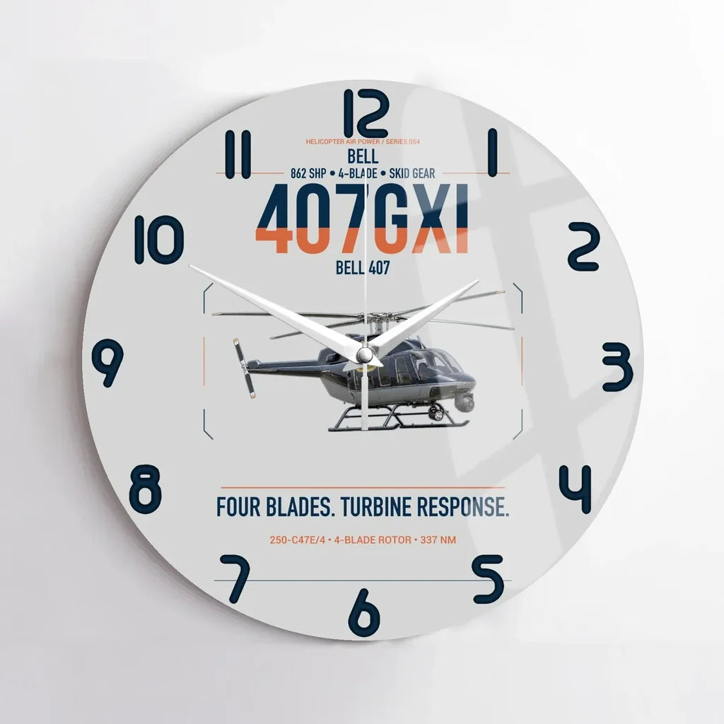 Bell 407GXi design on light gray no frame wall clock