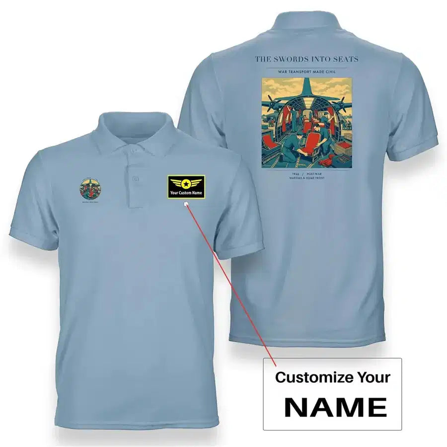 VINTAGE G4538 - The Swords Into Seats - Double-Side Polo T-Shirt design on lightblue+name