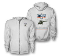 Thumbnail for MD AH-6M Little Bird design on white premium zipped hoodie, double-side print