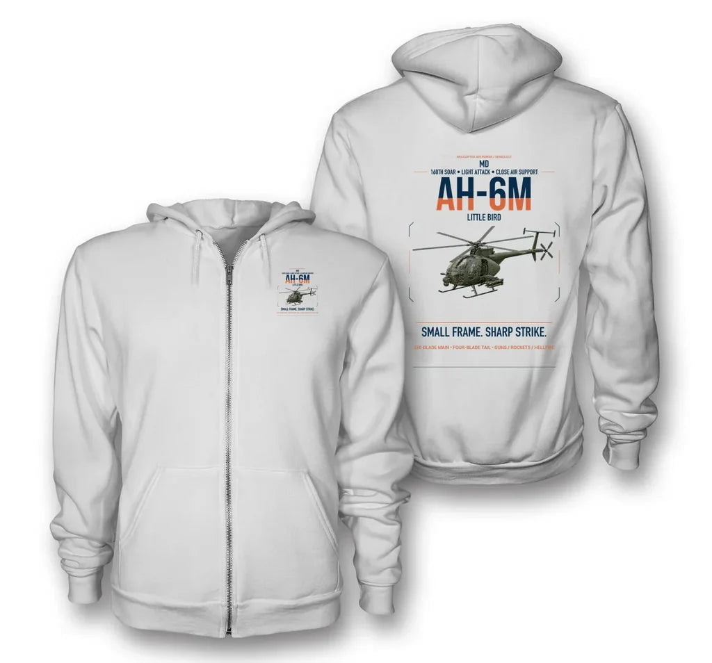 MD AH-6M Little Bird design on white premium zipped hoodie, double-side print