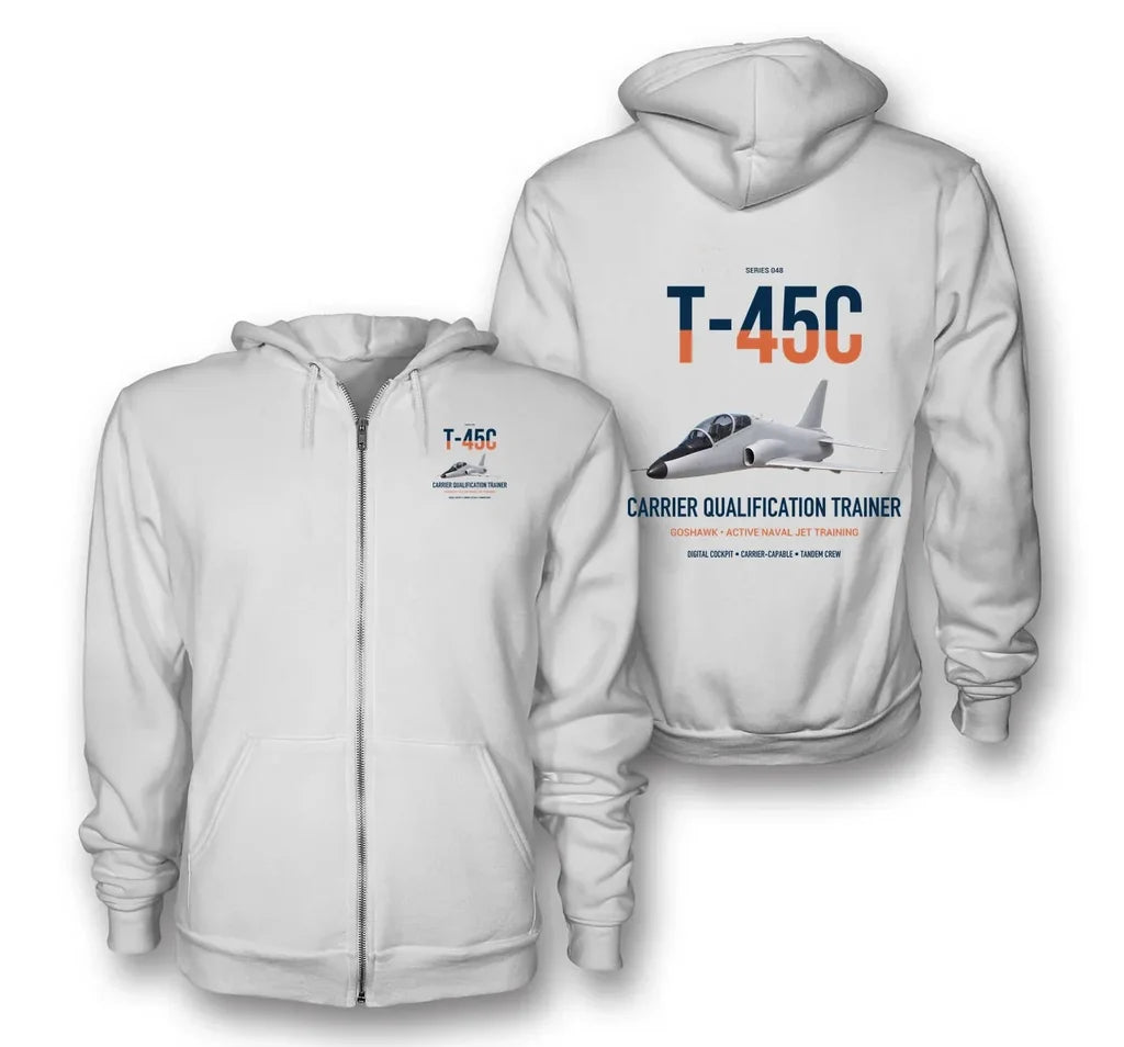 T-45C Goshawk design on white premium zipped hoodie, double-side print