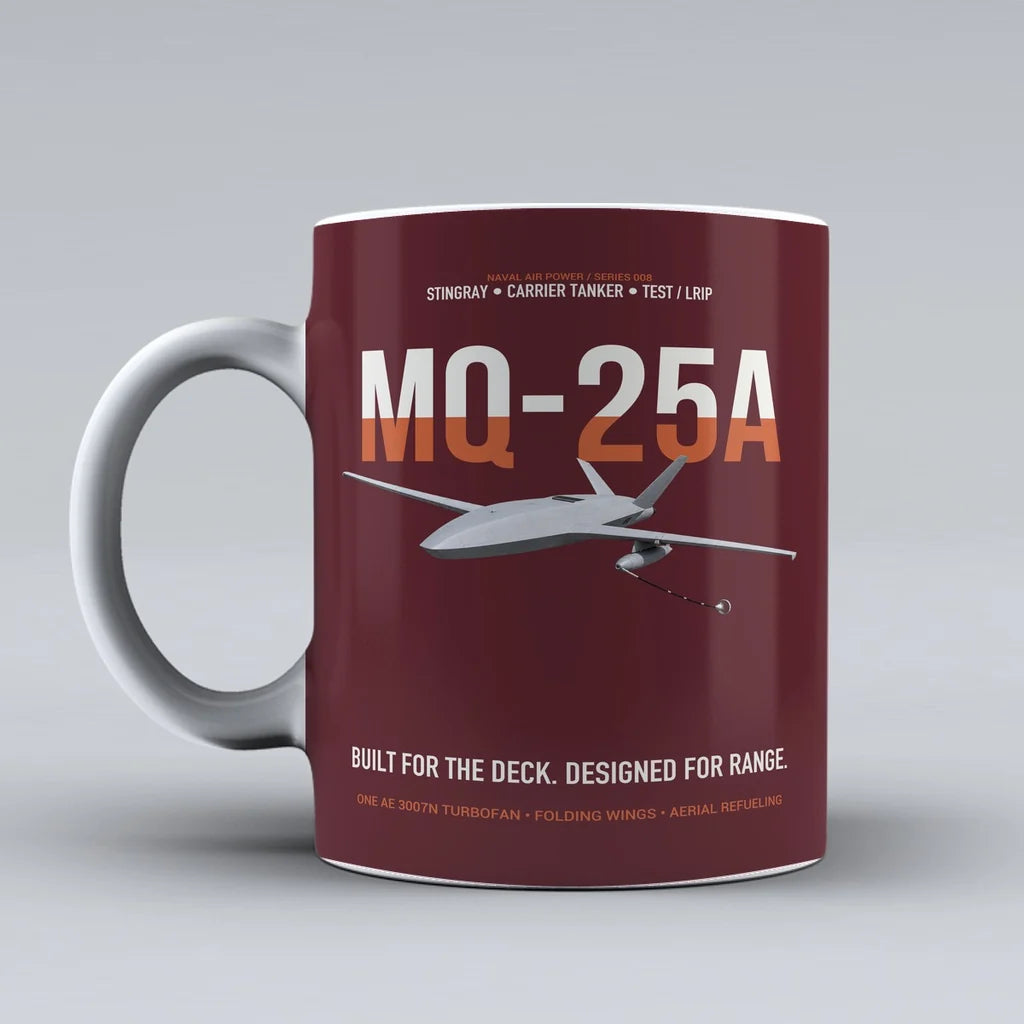 MQ-25A STINGRAY design on dark red ceramic mug, double-side print