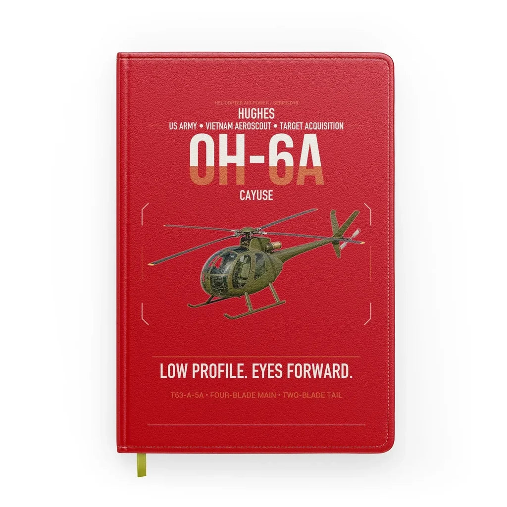 Hughes OH-6A Cayuse design on red notebook