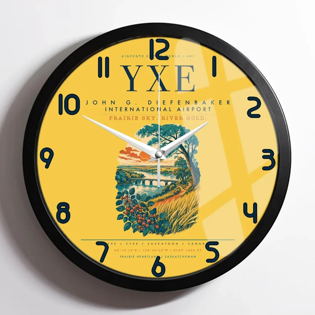 Saskatoon John G. Diefenbaker International Airport (YXE) design on yellow framed wall clock