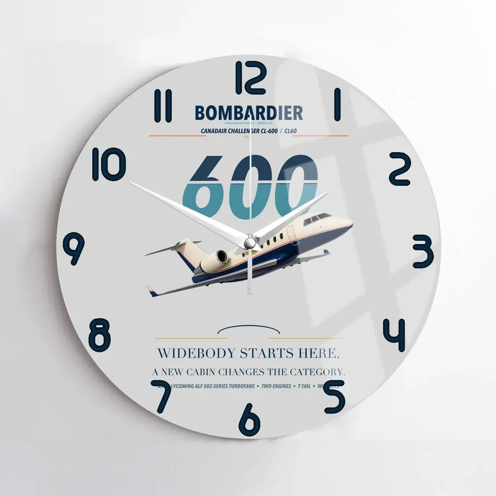 Bombardier Challenger 600 design on light gray no frame wall clock