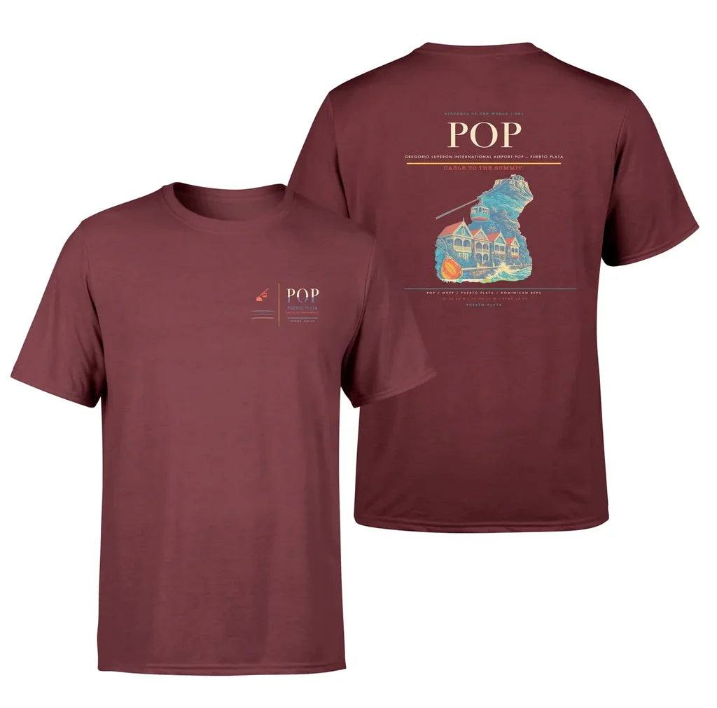 Gregorio Luperón International Airport (POP) design printed on dark red double-side t-shirt