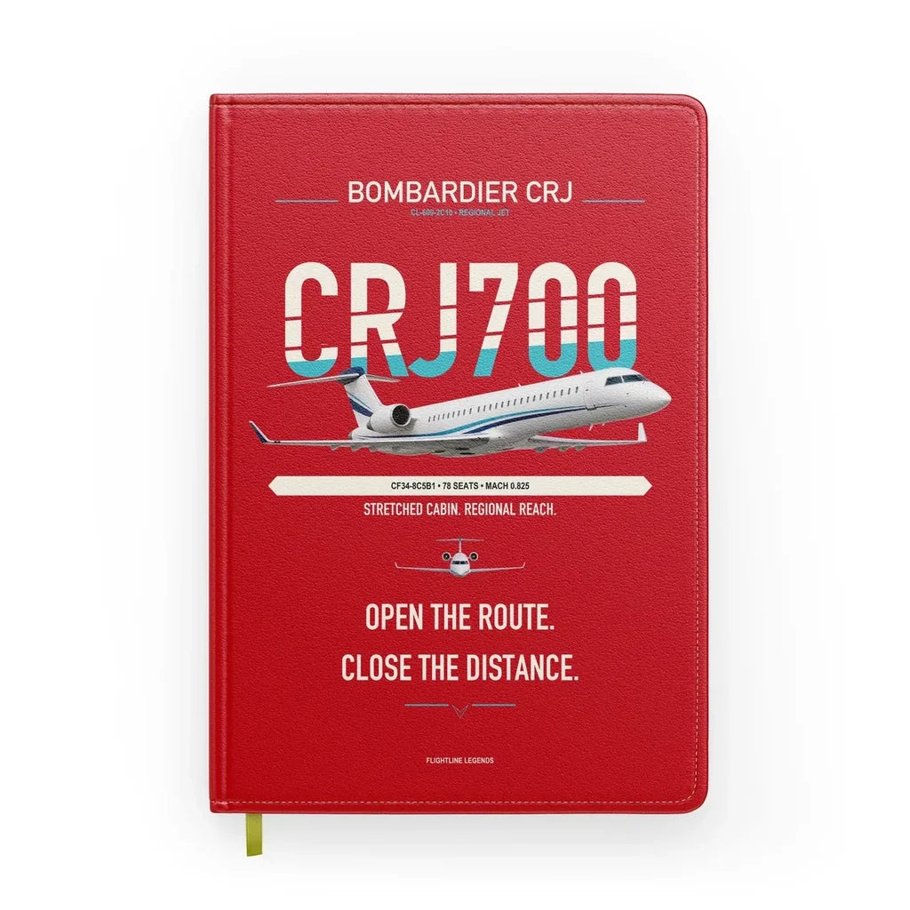 Bombardier CRJ700 design on red notebook