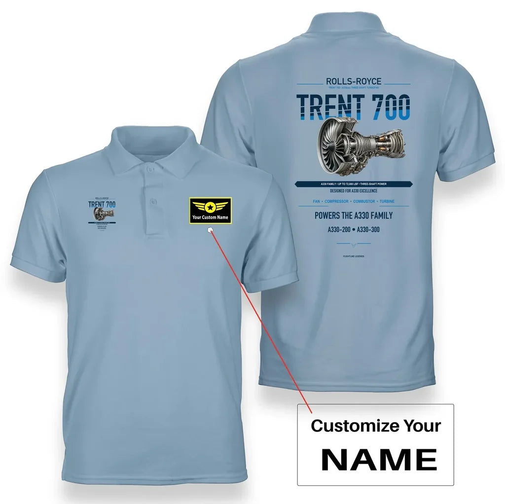 TRENT 700 design on light blue polo with custom name badge