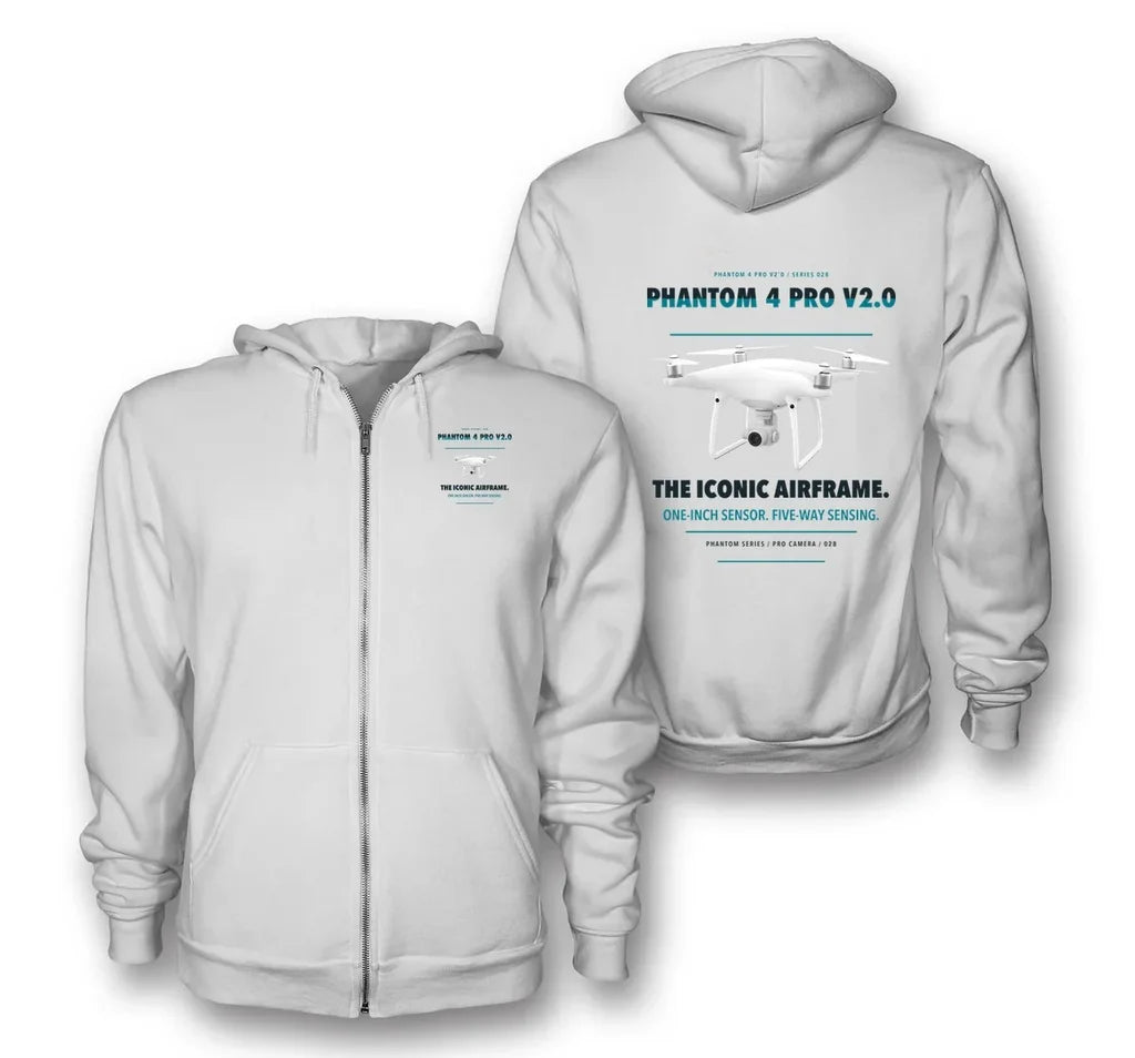 DJI Phantom 4 Pro V2.0 design on white zipped hoodie