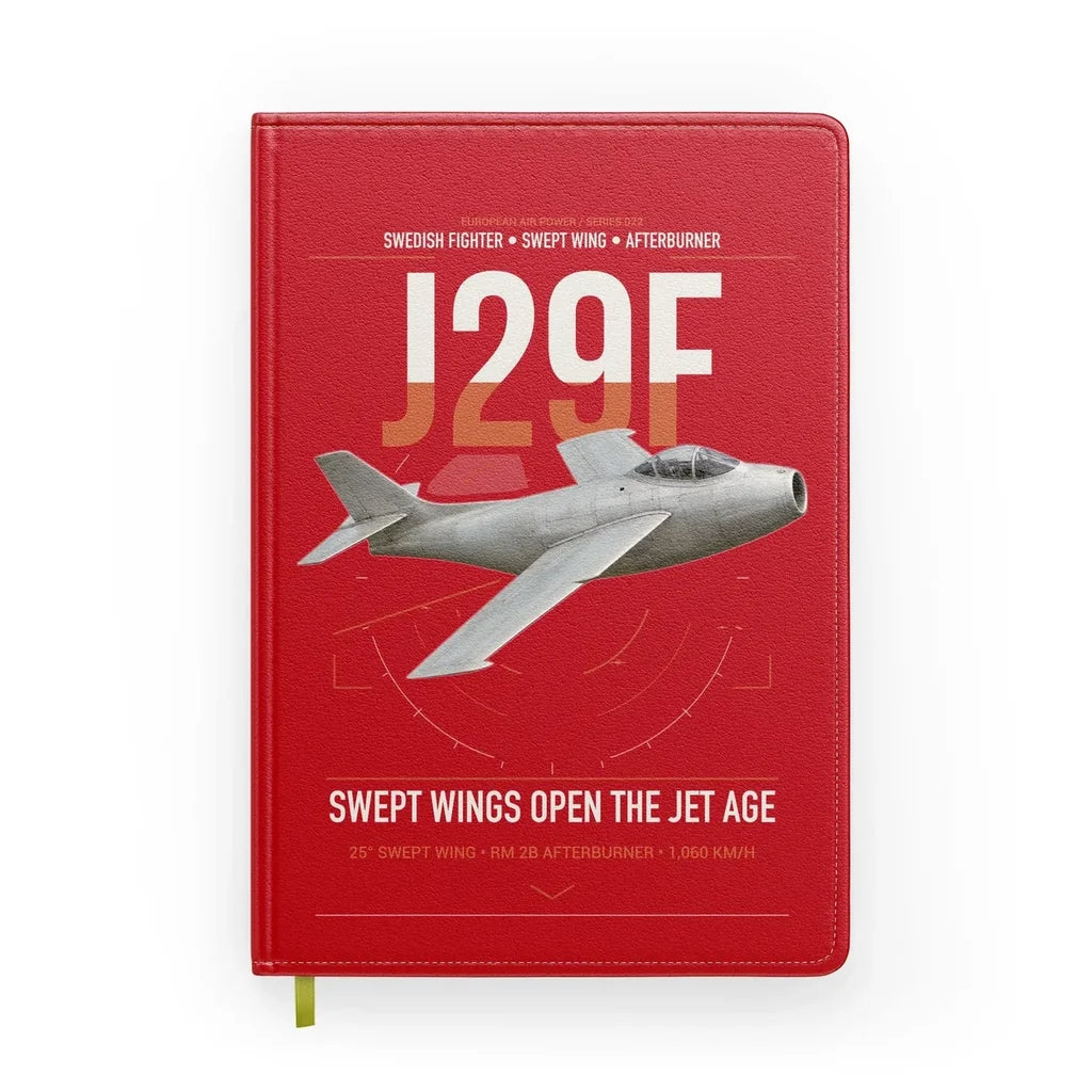 Saab J 29F Tunnan design on red notebook