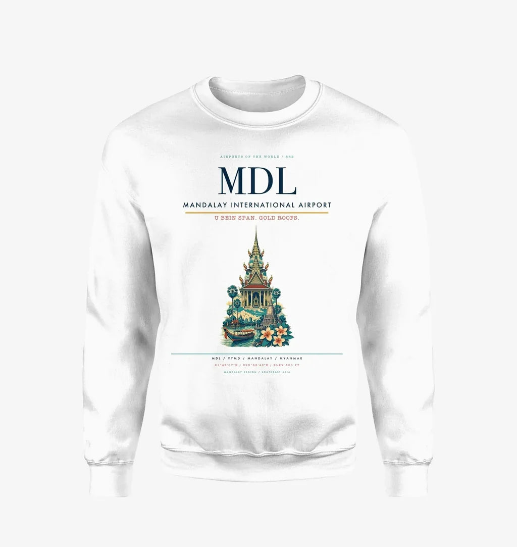 Mandalay International Airport (MDL) design on white sweatshirt