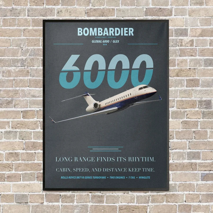 Bombardier Global 6000 vertical canvas print - framed - gray background