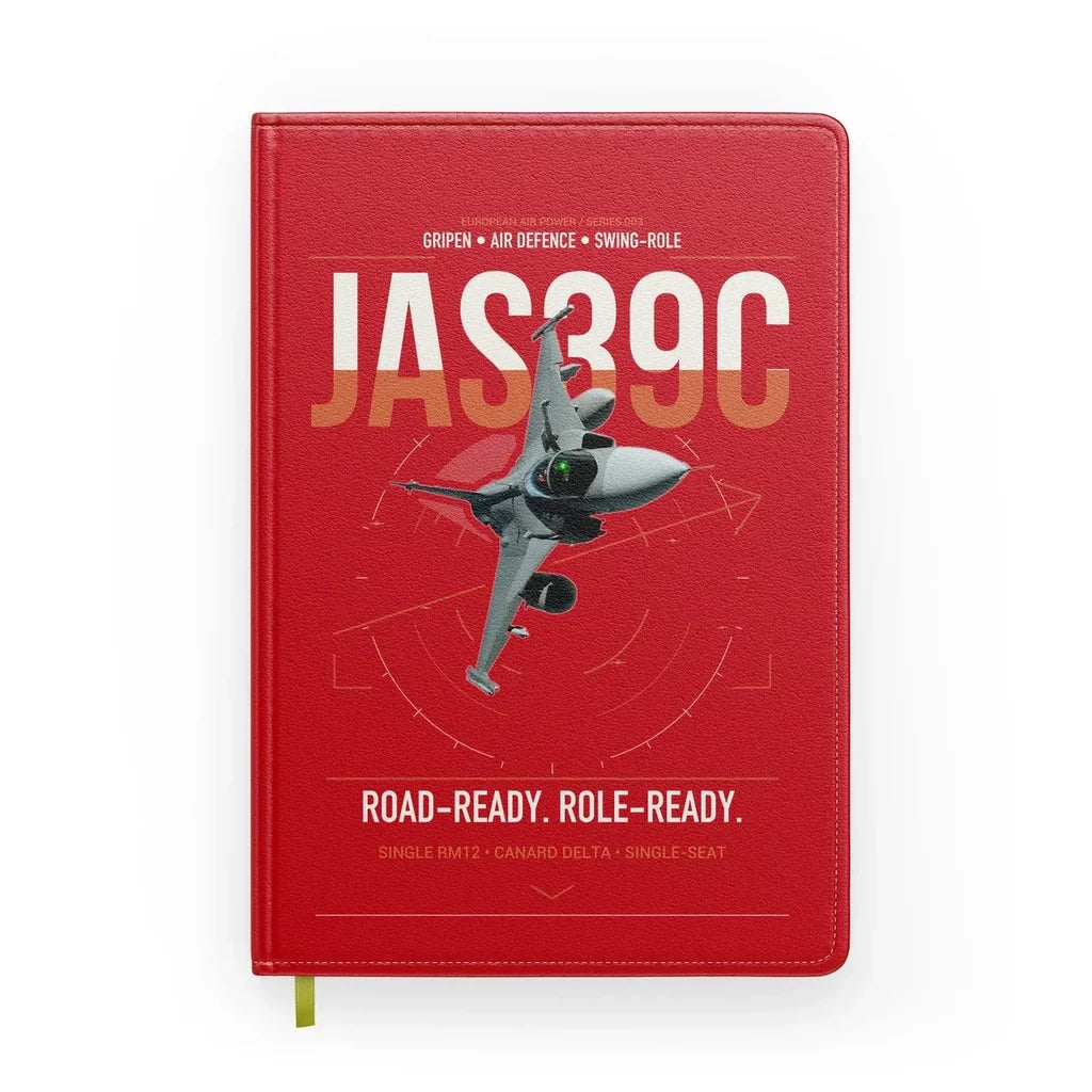 Saab JAS 39C Gripen design on red notebook