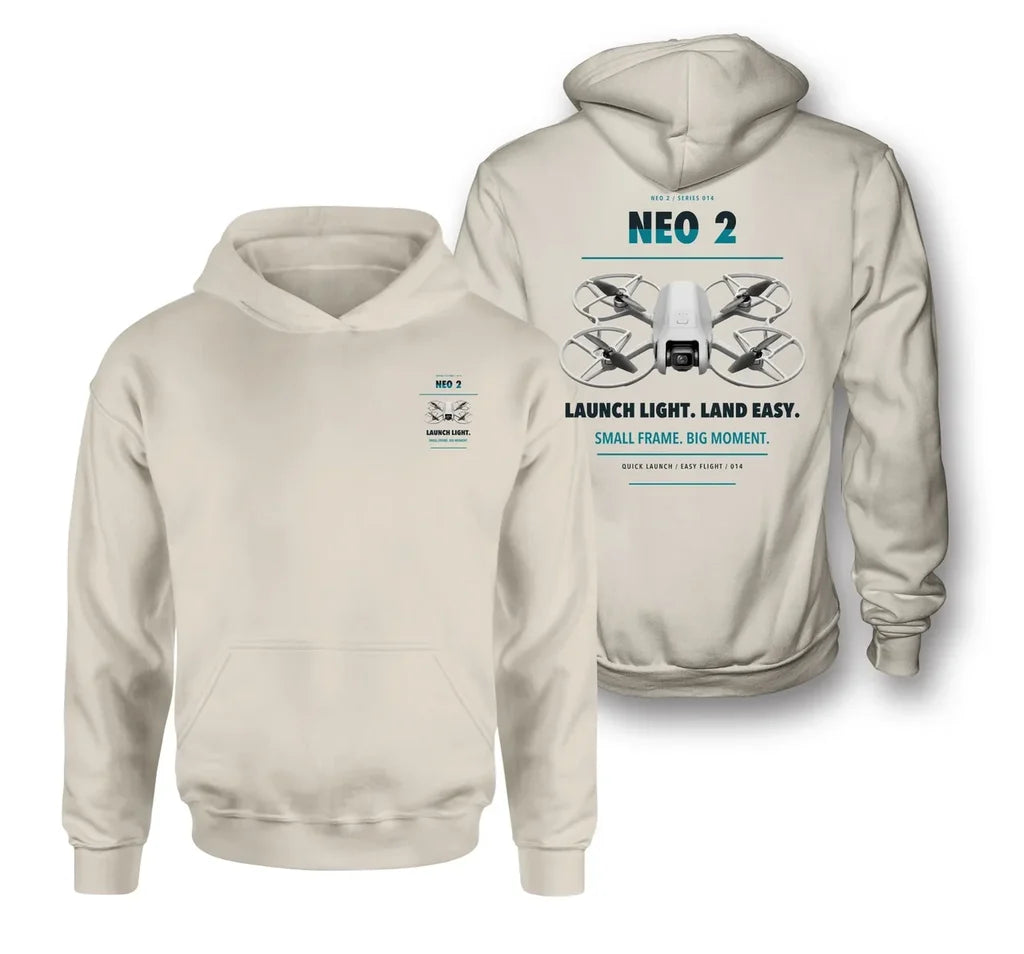 DJI Neo 2 design on khaki hoodie