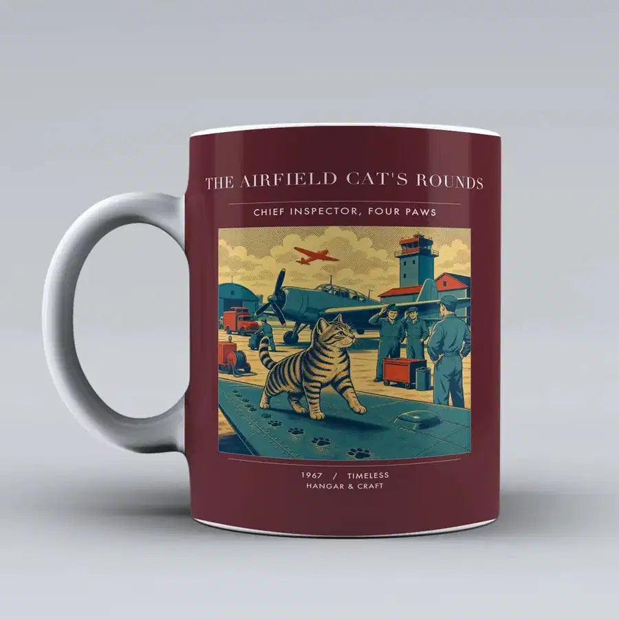 VINTAGE G4456 - The Airfield Cat's Rounds - Ceramic Mug design on darkred