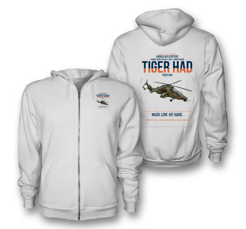 Airbus Helicopters Tiger HAD design on white premium zipped hoodie, double-side print