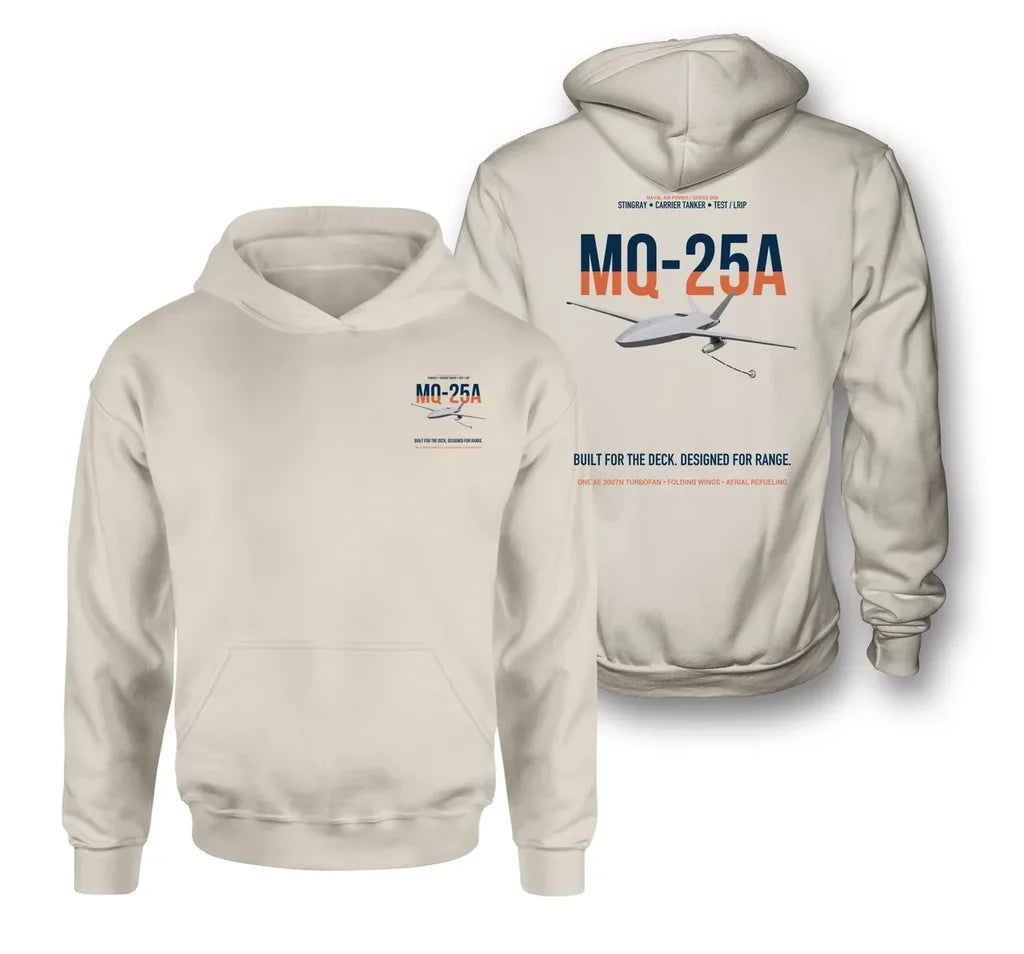 MQ-25A STINGRAY design on khaki double-side hoodie, double-side print