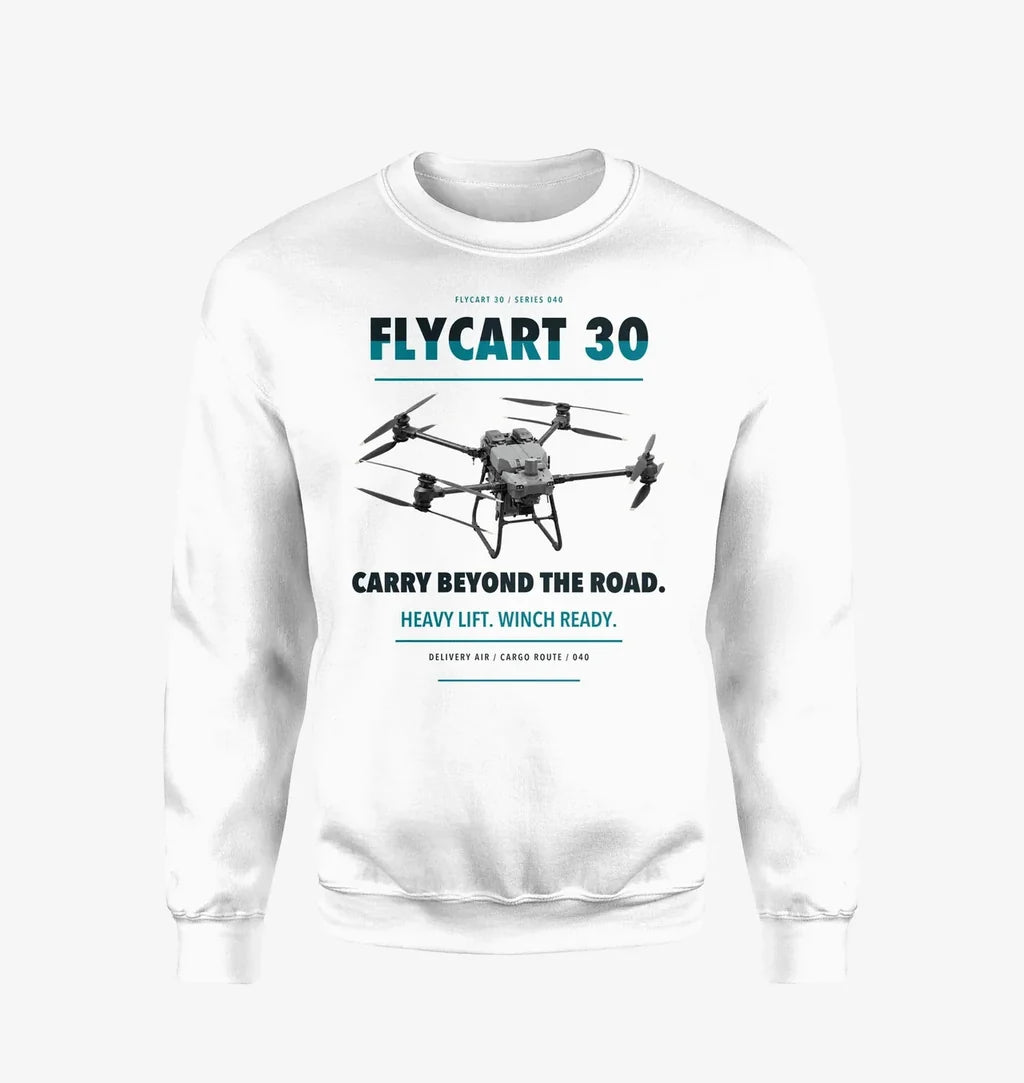 DJI FlyCart 30 design on white sweatshirt
