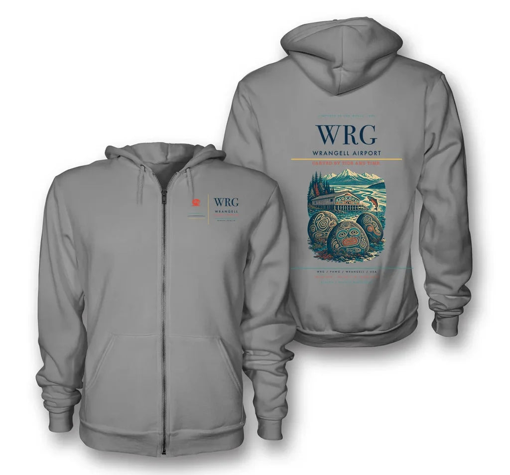 Wrangell Airport (WRG) design on gray premium zipped hoodie