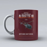 Thumbnail for Aérospatiale SA 316B Alouette III design on dark red ceramic mug, double-side print