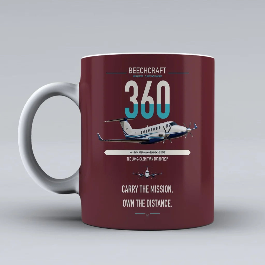 Beechcraft King Air 360 design on dark red ceramic mug, double-side print