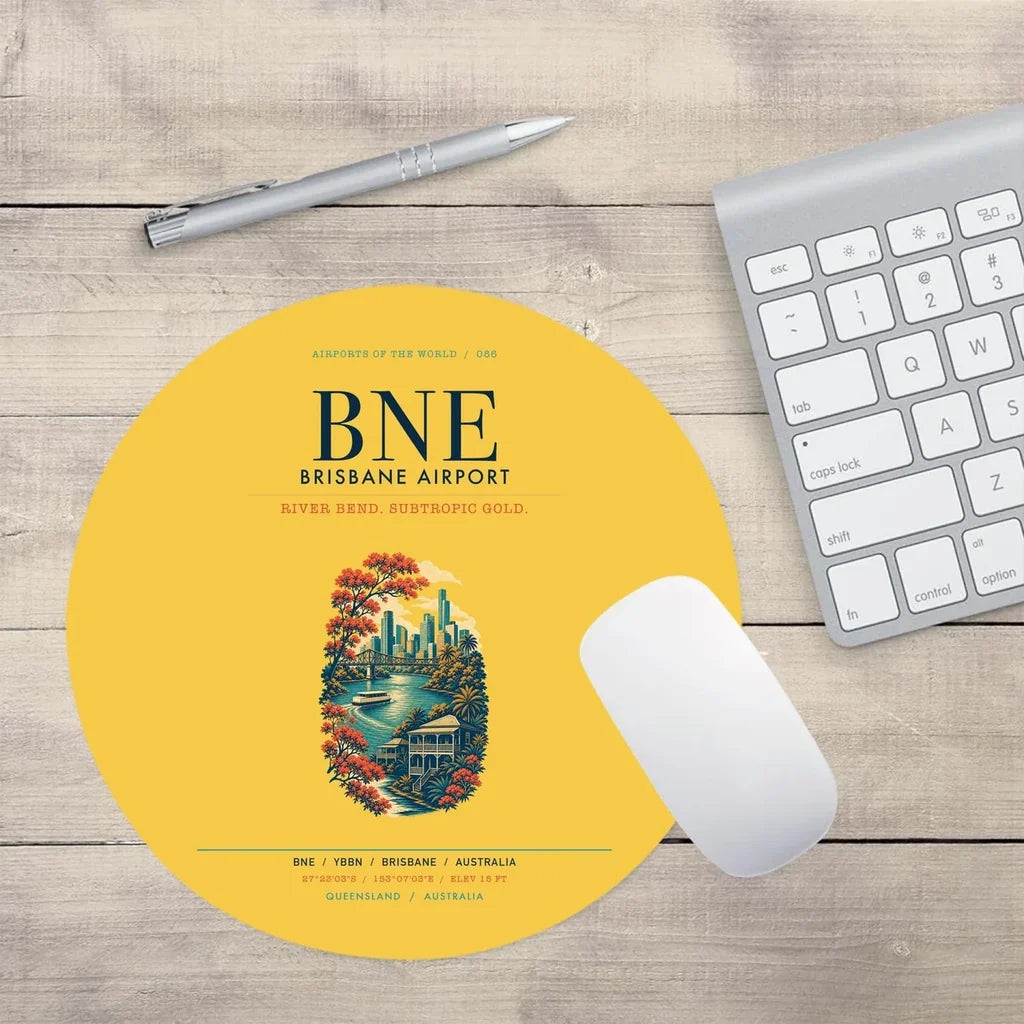 Brisbane Airport (BNE) design on yellow round mouse pad