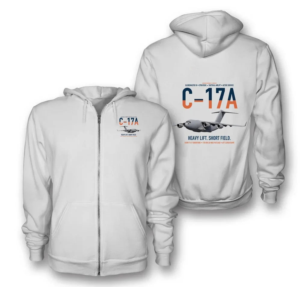 C-17A Globemaster III design on white premium zipped hoodie, double-side print