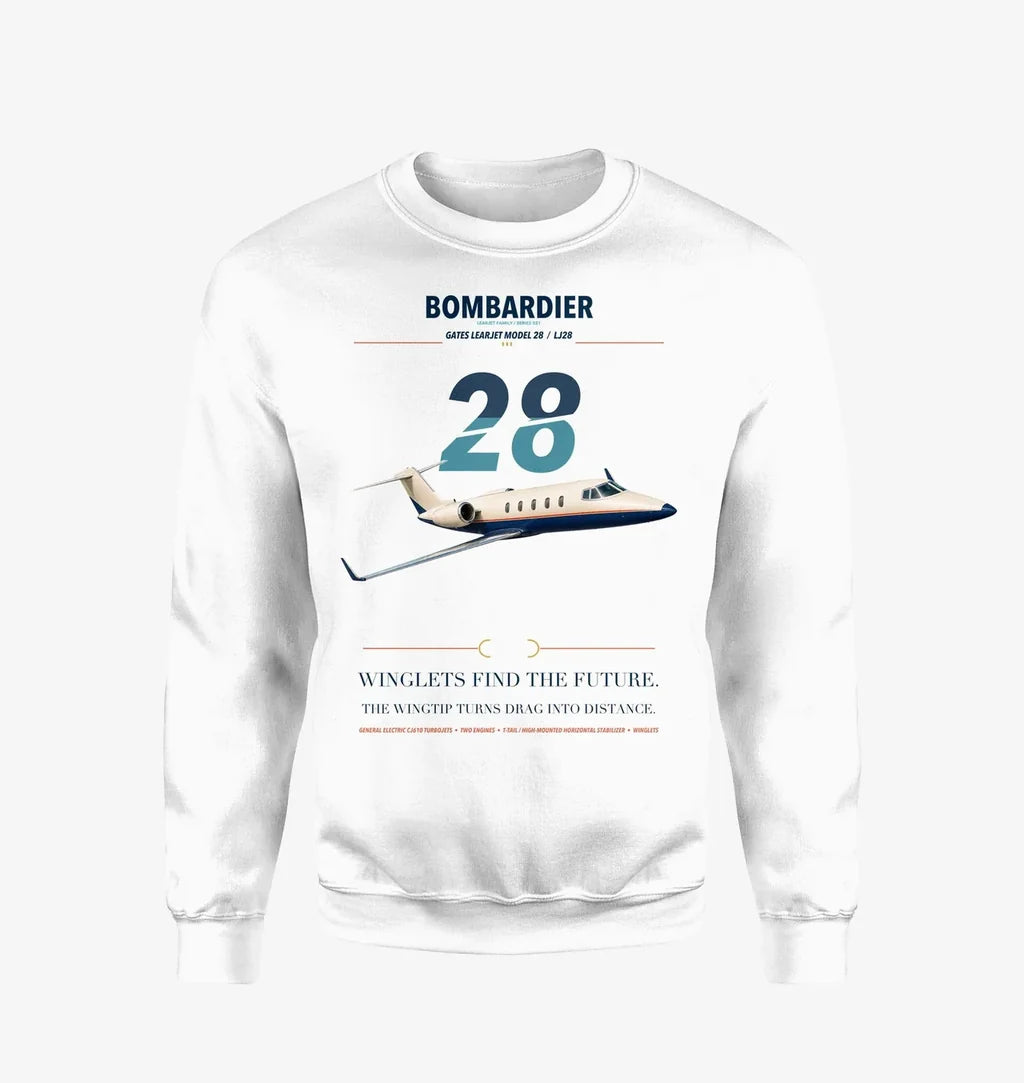 Bombardier Learjet 28 design on white sweatshirt
