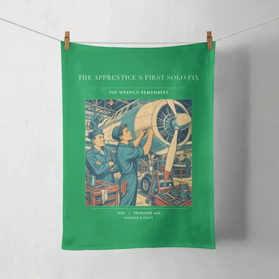 VINTAGE G4173 - The Apprentice's First Solo Fix - Designed Towels design on green