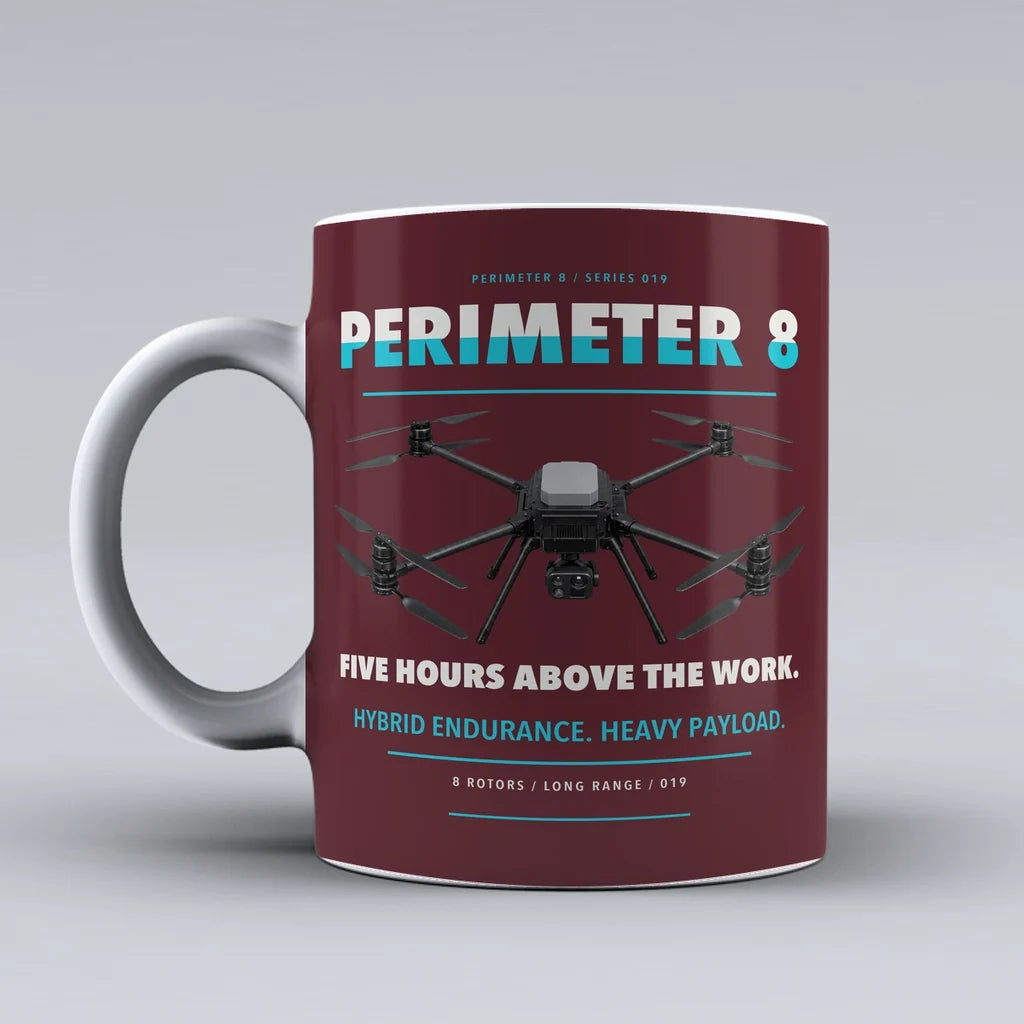 Perimeter 8 Mug design on dark red skyfront