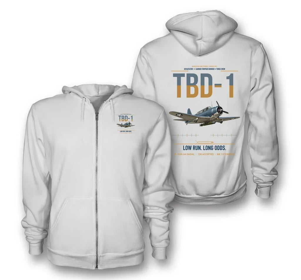 TBD-1 Devastator design on white premium zipped hoodie, double-side print