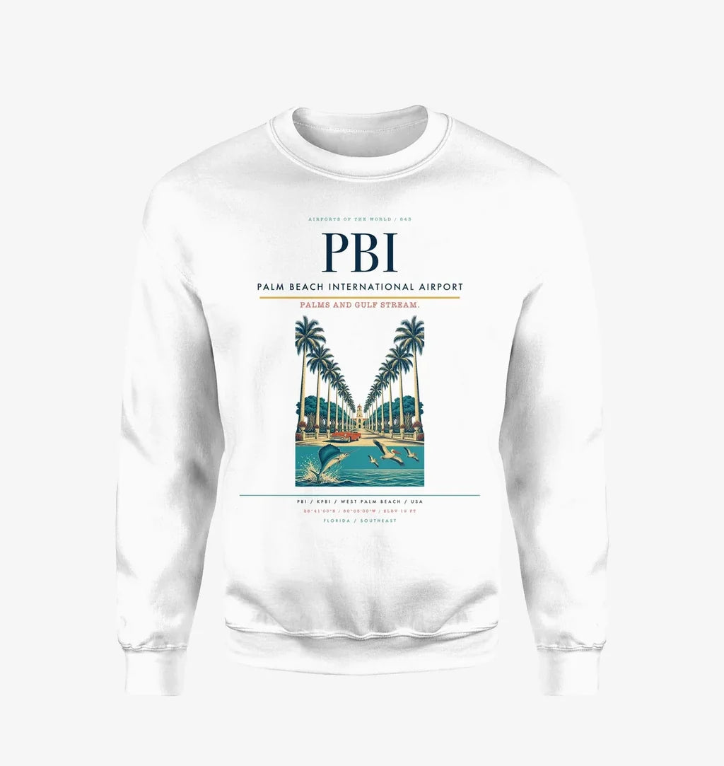 Palm Beach International Airport (PBI) design on white sweatshirt