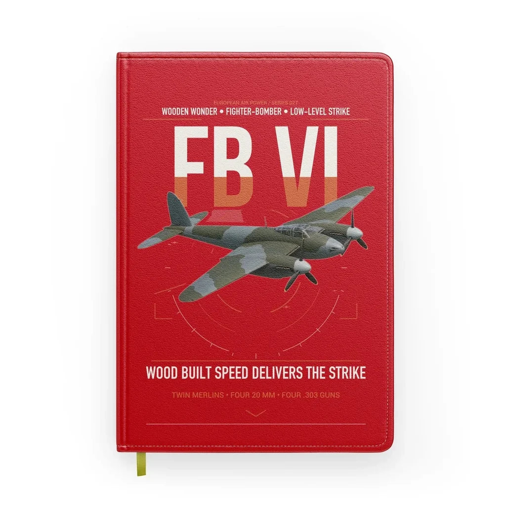 de Havilland Mosquito FB VI design on red notebook