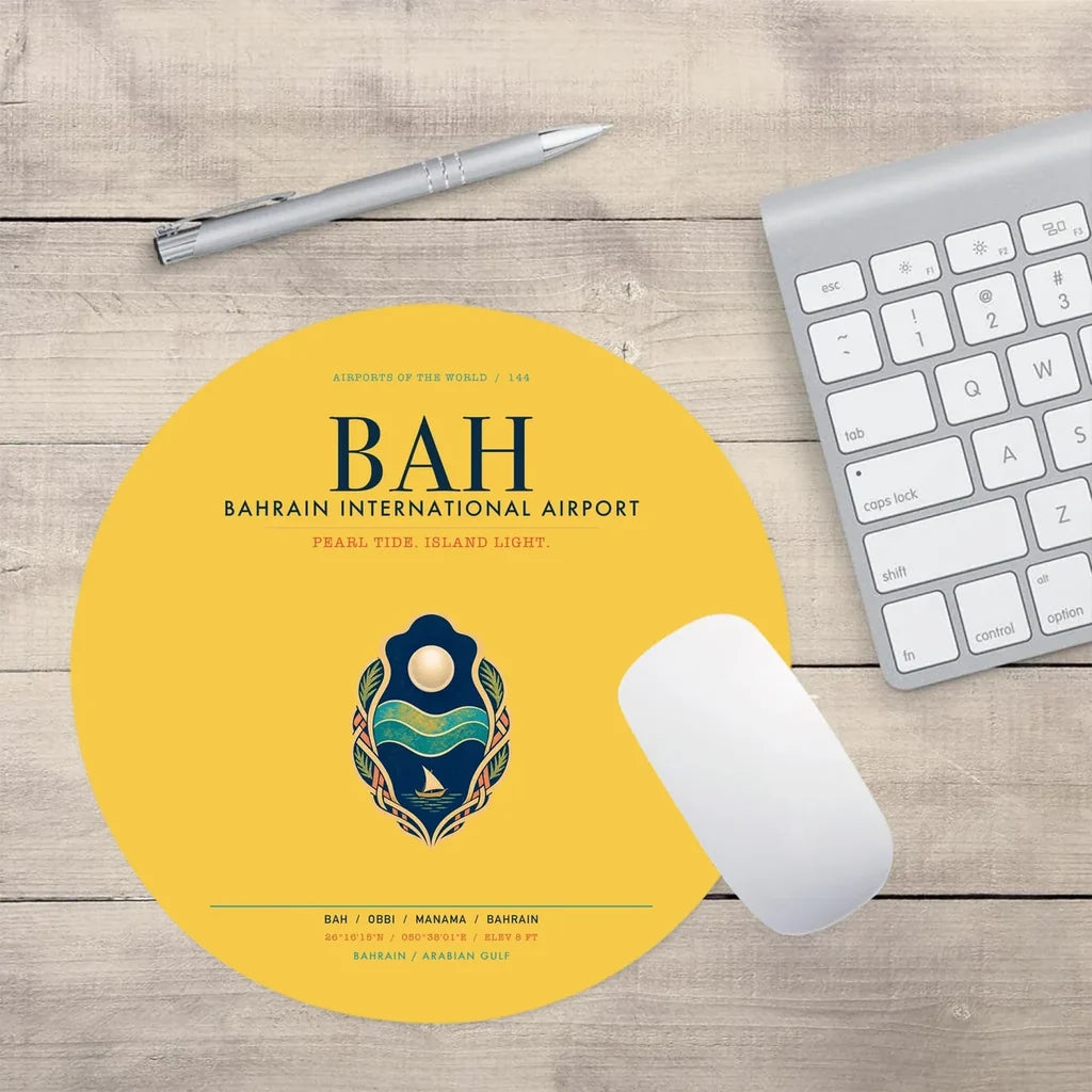 Bahrain International Airport (BAH) design on yellow round mouse pad