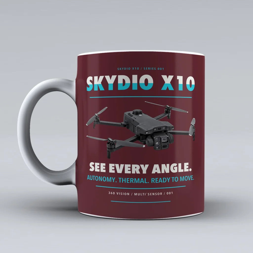 X10 Mug design on dark red skydio