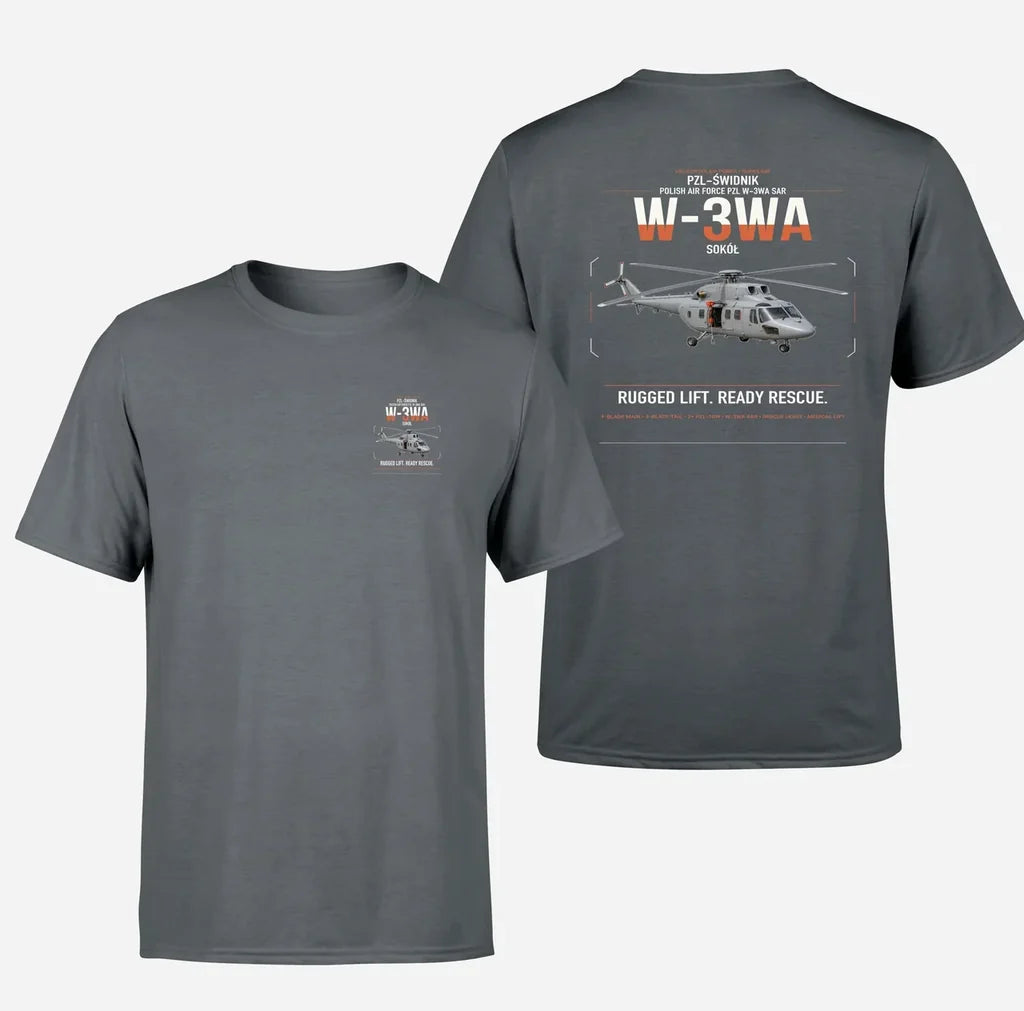 PZL-Świdnik W-3WA Sokół design on gray t-shirt, double-side print