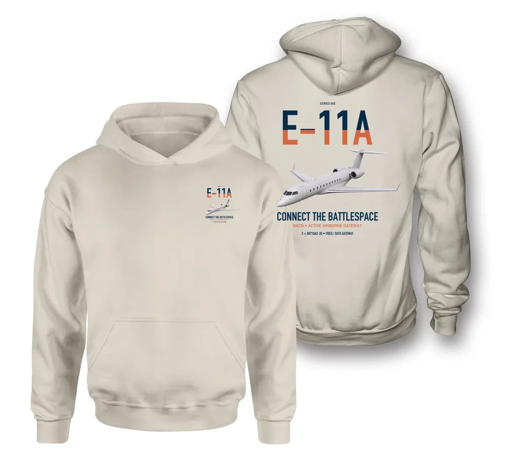 E-11A BACN design on khaki double-side hoodie, double-side print