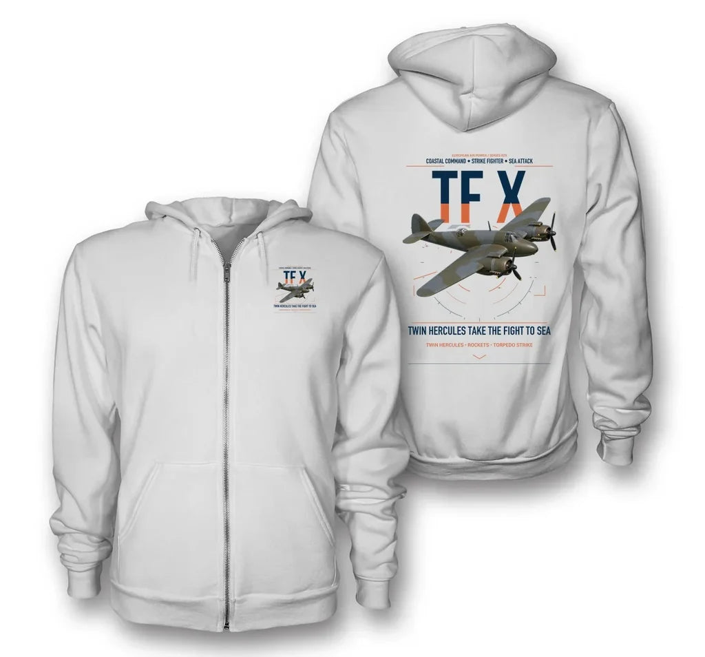 Bristol Beaufighter TF X design on white premium zipped hoodie, double-side print