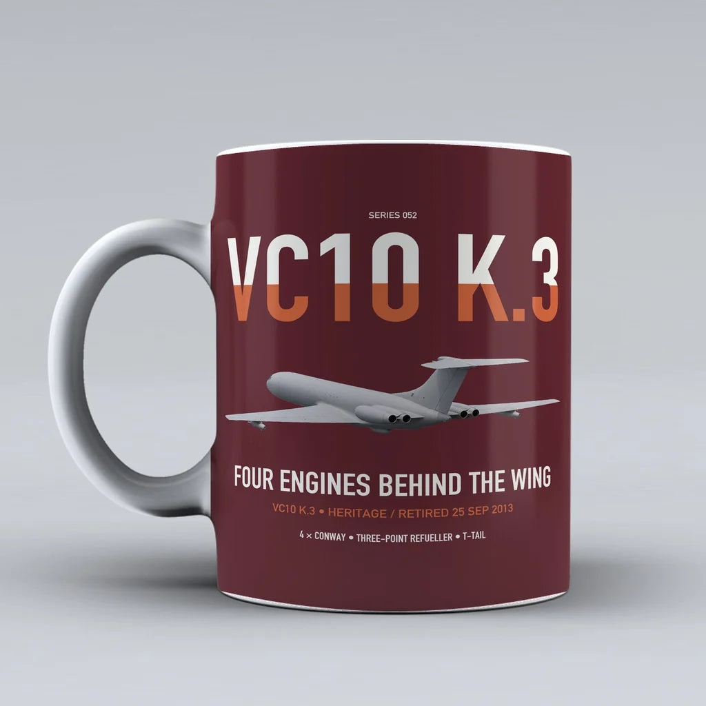 Vickers VC10 K.3 design on dark red ceramic mug, double-side print