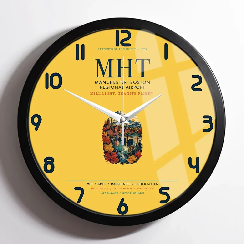 Manchester–Boston Regional Airport (MHT) design on yellow framed wall clock