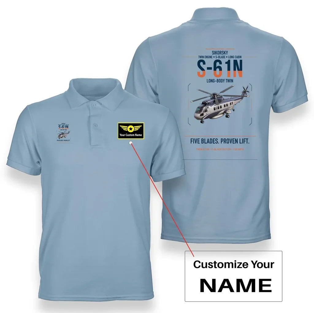 Sikorsky S-61N design on light blue+name double-side polo t-shirt, double-side print