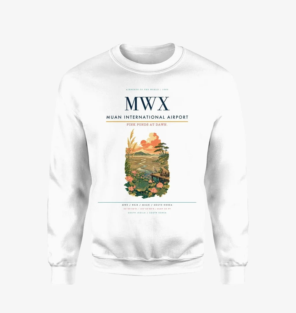 Muan International Airport (MWX) design on white sweatshirt