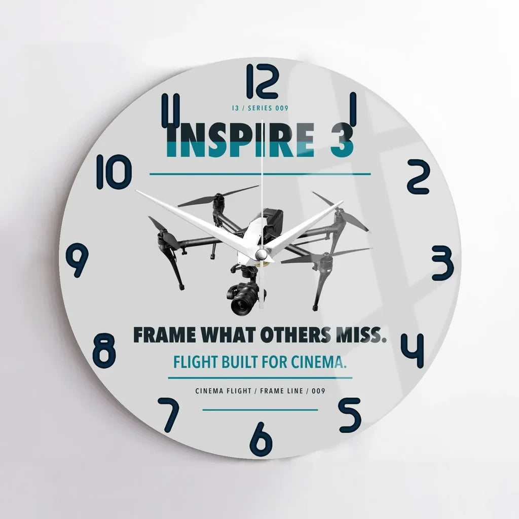 DJI Inspire 3 design on light gray no frame wall clock