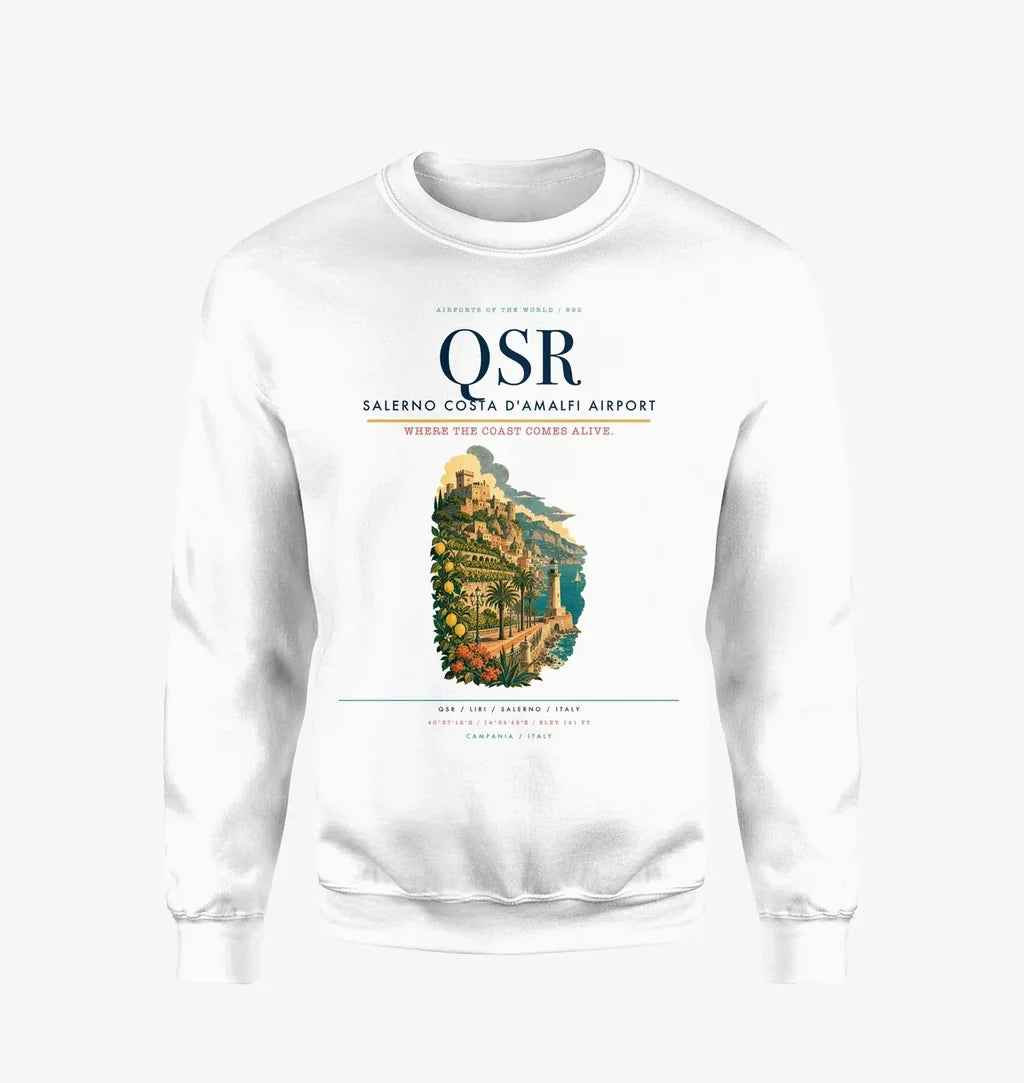 Salerno Costa d'Amalfi Airport (QSR) design on white sweatshirt