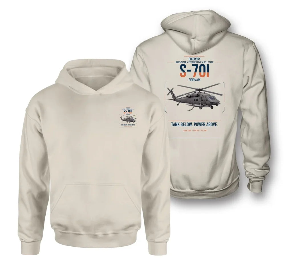 Sikorsky S-70i FIREHAWK design on khaki double-side hoodie, double-side print