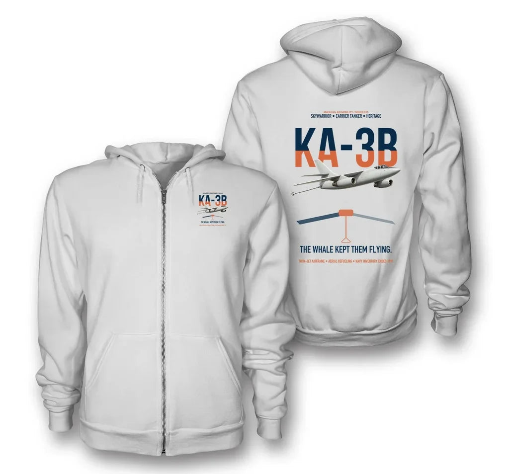 KA-3B Skywarrior design on white premium zipped hoodie, double-side print