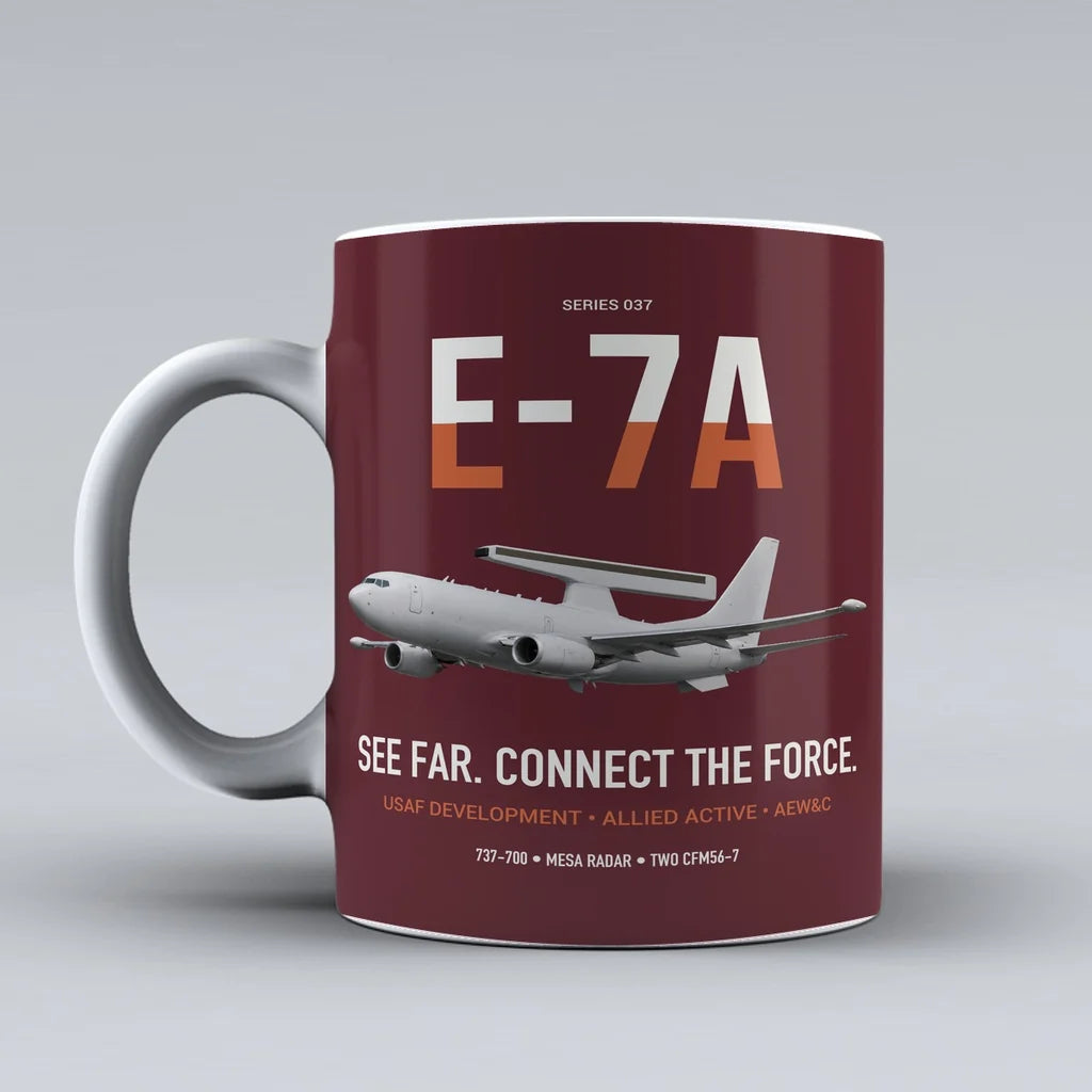 E-7A Wedgetail design on dark red ceramic mug, double-side print